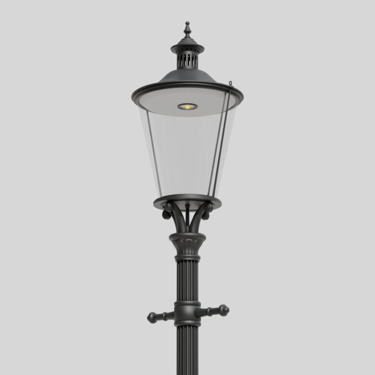 Lanterna de rua clássica preta A1B/03L com cobertura e caixa transparente, com uma única fonte de luz LED visível no interior