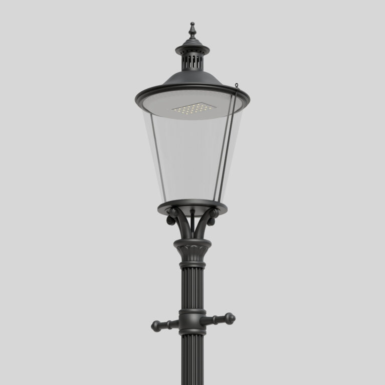 Lanterna de rua clássica preta A1B/03L com cobertura e caixa transparente, com uma única fonte de luz LED visível no interior