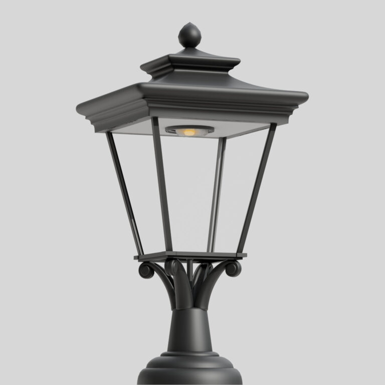 Lanterna de rua clássica preta com cobertura de quatro faces e caixa de vidro, com uma única fonte de luz LED visível no interior.