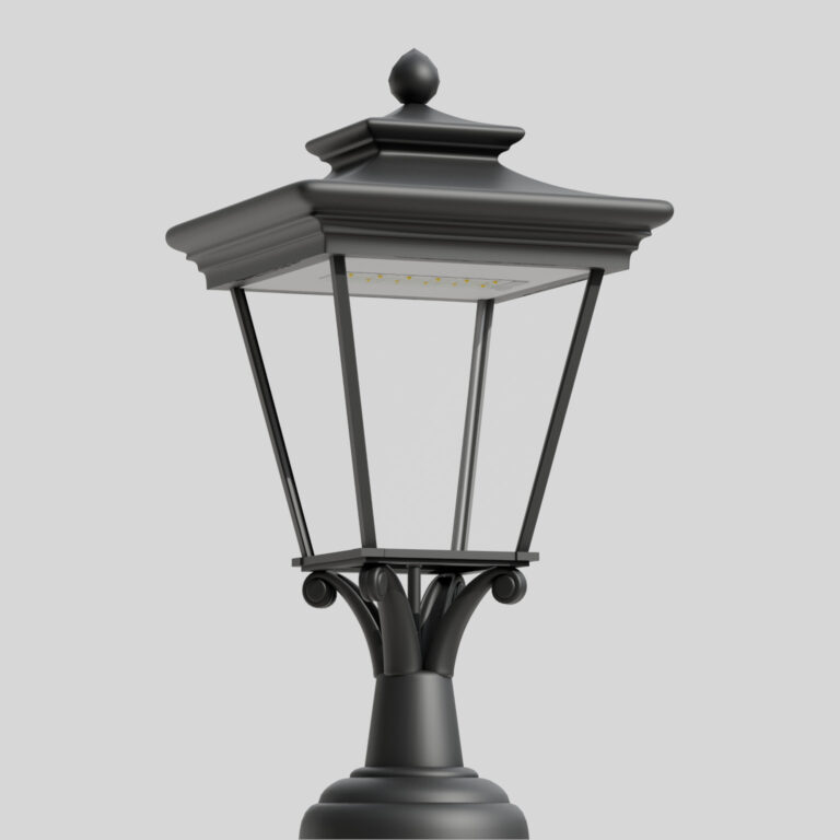 Lanterna decorativa modelo 10 Opal C com elementos decorativos da coroa e braços em estilo retro, equipada com uma moderna fonte de luz LED. Vista de baixo contra um fundo cinzento claro.