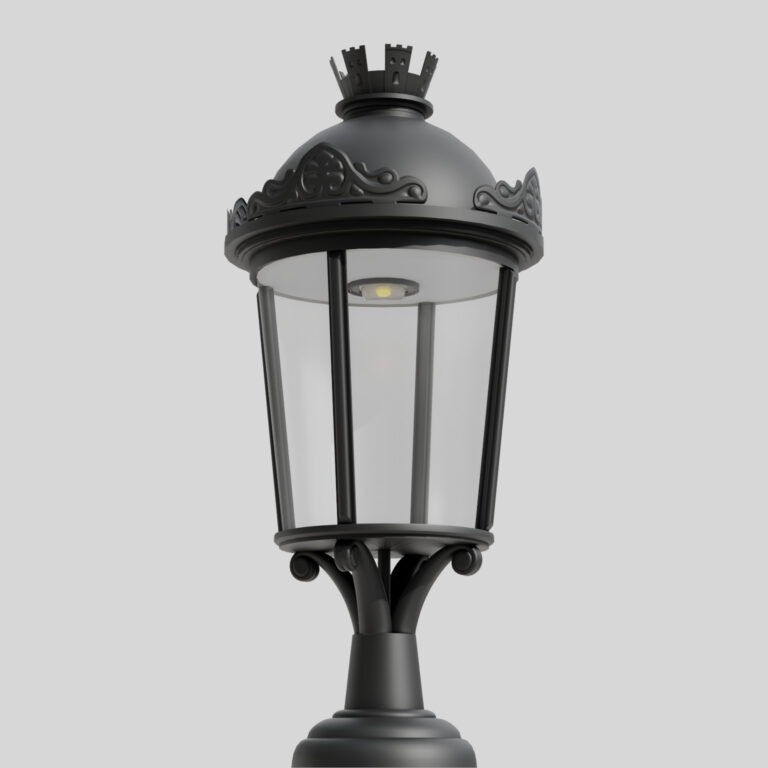 Lanterna de jardim AM7, estilo retro com fundo cinzento, com cobertura decorativa e vidros transparentes