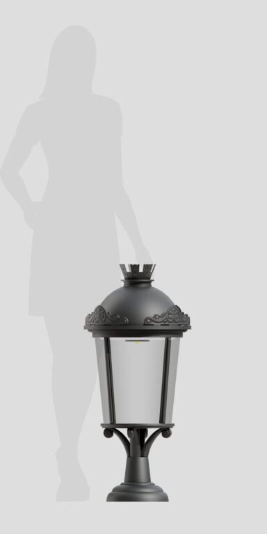 Lanterna de jardim AM7, estilo retro com fundo cinzento, com cobertura decorativa e vidros transparentes