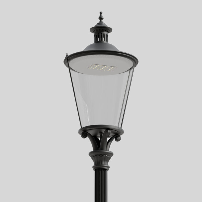 Close-up de um clássico poste de iluminação preto B6/TR de estilo retro contra um fundo claro