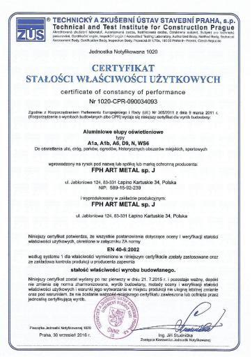 Certyfikat Certyfikat stalosci wlasnosci uzytkowych - Slupy aluminiowe