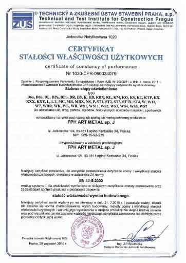 Certyfikat Certyfikat stalosci wlasnosci uzytkowych - Slupy stalowe