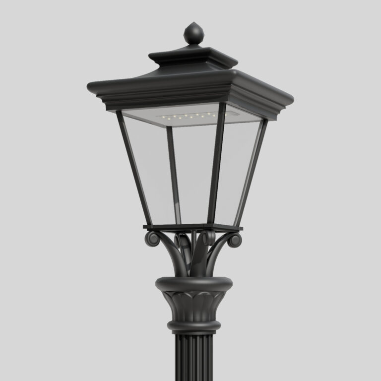 Lanterna de rua clássica preta A6/22M com cobertura de quatro faces e caixa transparente, com fonte de luz LED única visível.